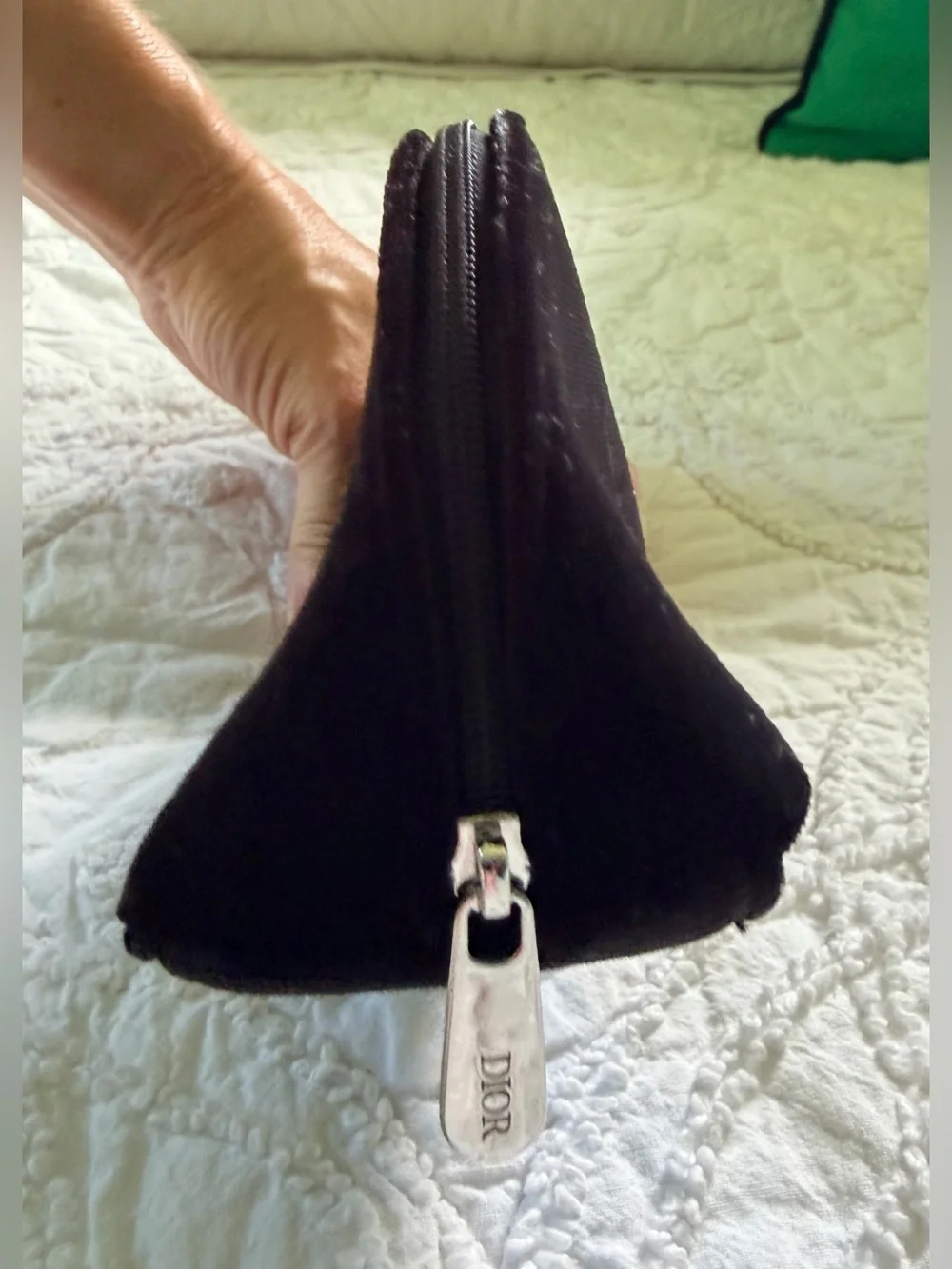 NEW Dior Black Velvet Cosmetic Pouch w Black Zipper/Silver ‘DIOR’ Zipper Pull
